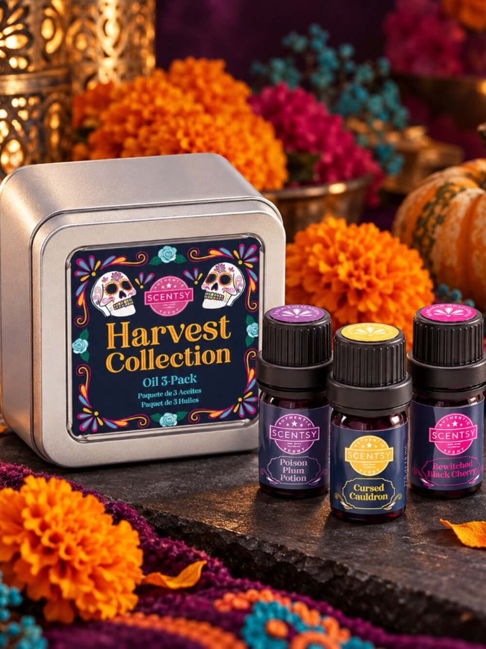 Scentsy Harvest 2025 Oil 3-Pack Halloween Diffuser Oils Sugar Skull Tin NIB